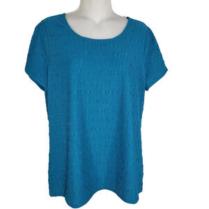 East 5th Womens Top Textured Stretch Blue Blouse Short Sleeve Round Neck Large